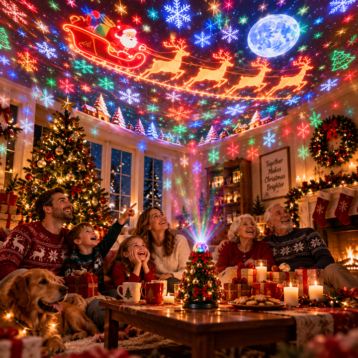 Famille de trois générations et un chien regardant, ravis, le Père Noël projeté au plafond 7