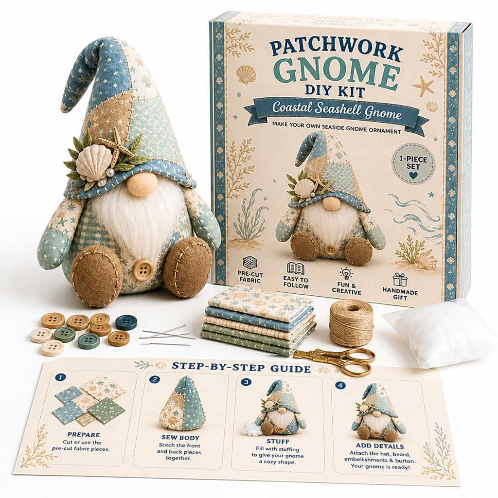 Nain patchwork bleu-vert marin avec coquillage et étoile de mer, boîte du kit, tissus, boutons, ciseaux et guide 12