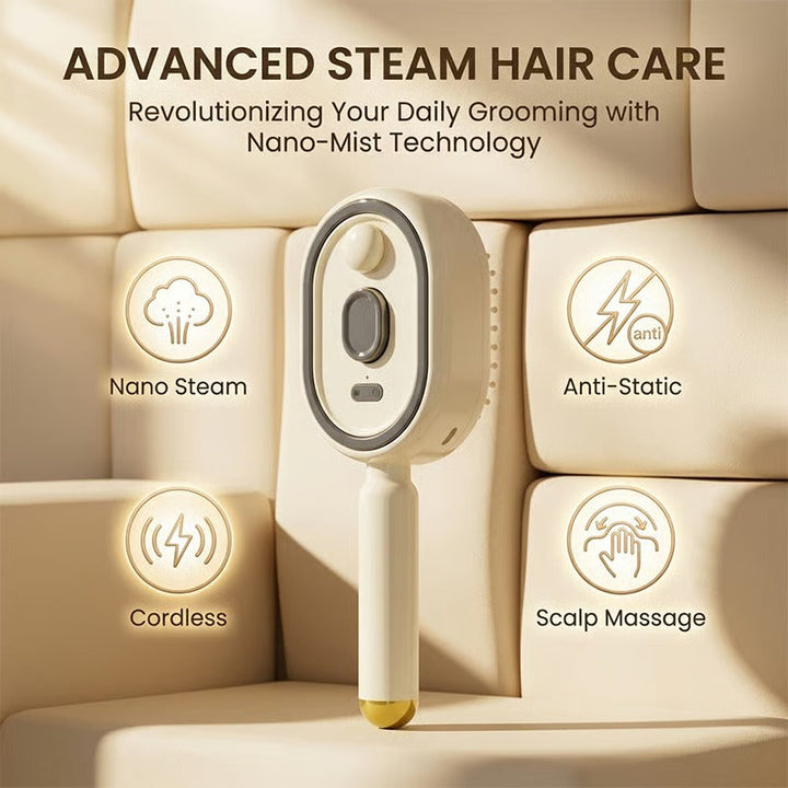 Brosse crème posée sur des coussins beiges, entourée de quatre pictogrammes de fonctions : vapeur, antistatique, sans fil et massage du cuir chevelu. 1