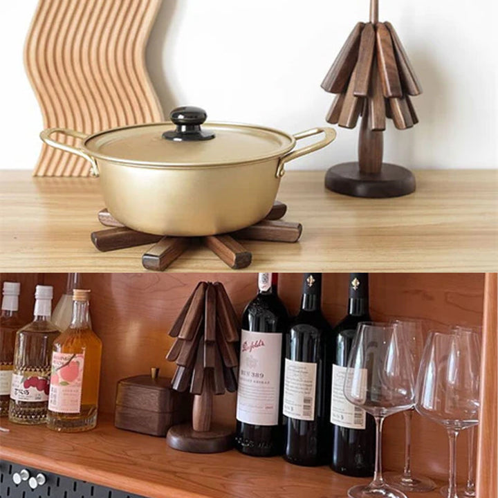 En haut, une casserole dorée sur le dessous de plat en bois ; en bas, le support arbre rangé sur une étagère près des bouteilles de vin. 7