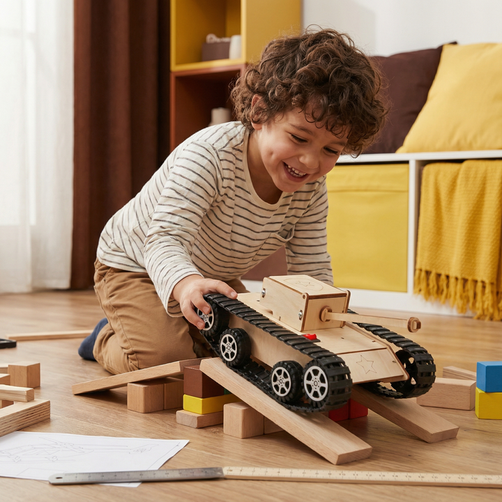 Enfant rieur faisant monter un char en bois à chenilles noires sur une rampe de planches, entouré de cubes de bois. 8