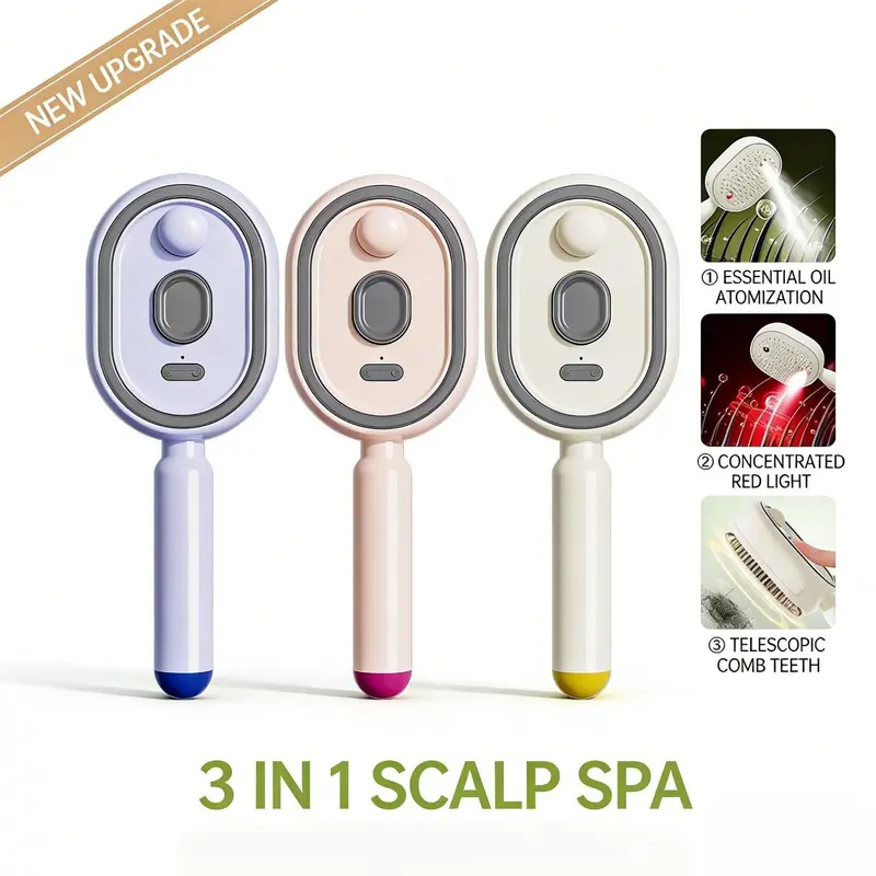 Trois brosses alignées de face, lilas, rose et crème, avec trois vignettes illustrant l'huile atomisée, la lumière rouge et les dents rétractables. 13