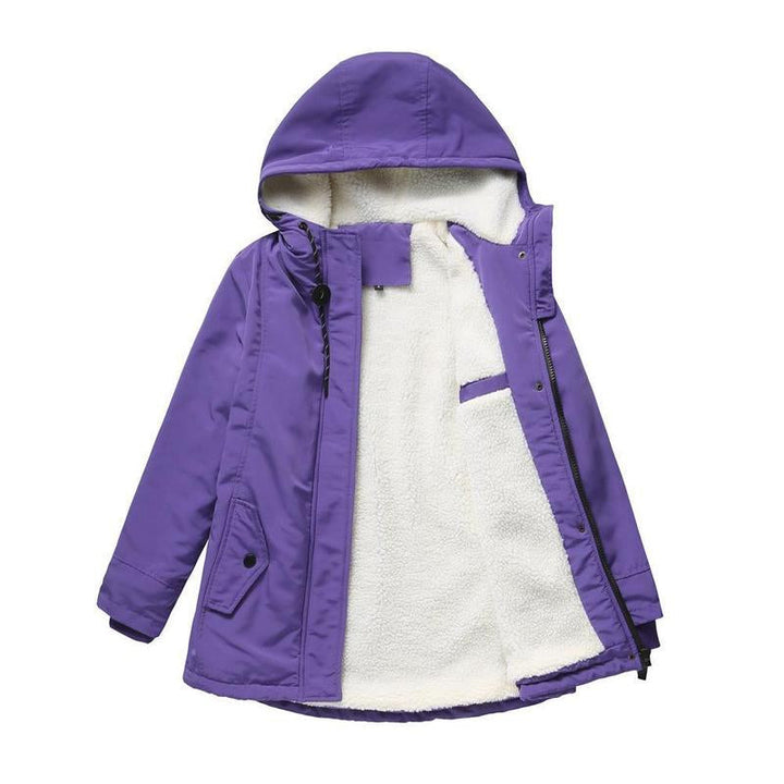 Parka violette à plat, ouverte, avec capuche doublée de polaire crème et cordon de serrage 8