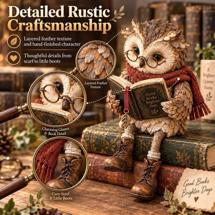 Montage de détails avec trois loupes sur le plumage en couches, les lunettes et le livre, l'écharpe tricotée et les petites bottes. 4