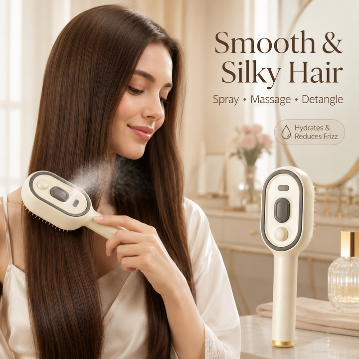 Femme aux cheveux lisses se brossant avec une fine brume de vaporisation, tandis que la brosse est aussi montrée seule, debout, à droite. 9