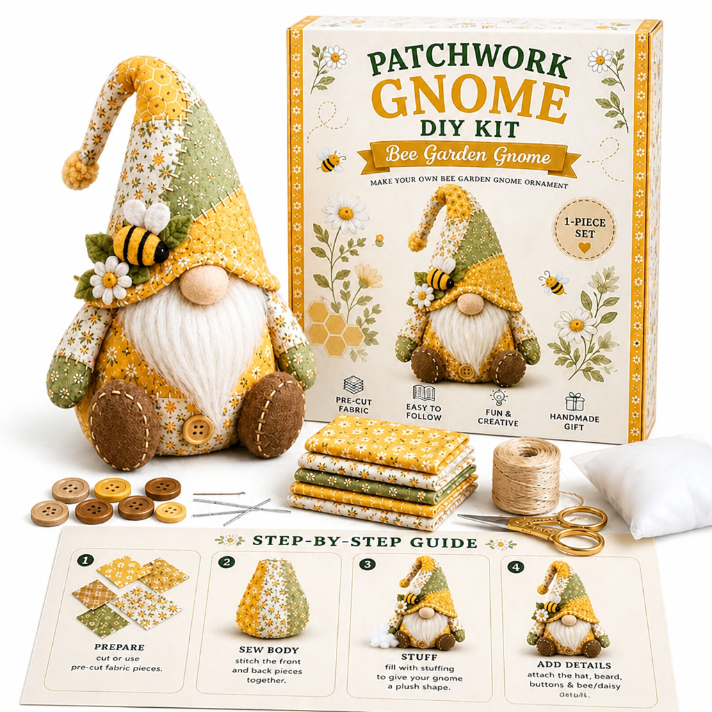 Nain patchwork jaune et vert avec abeille, boîte du kit, tissus, bouton, ficelle, ciseaux et guide en quatre étapes 6