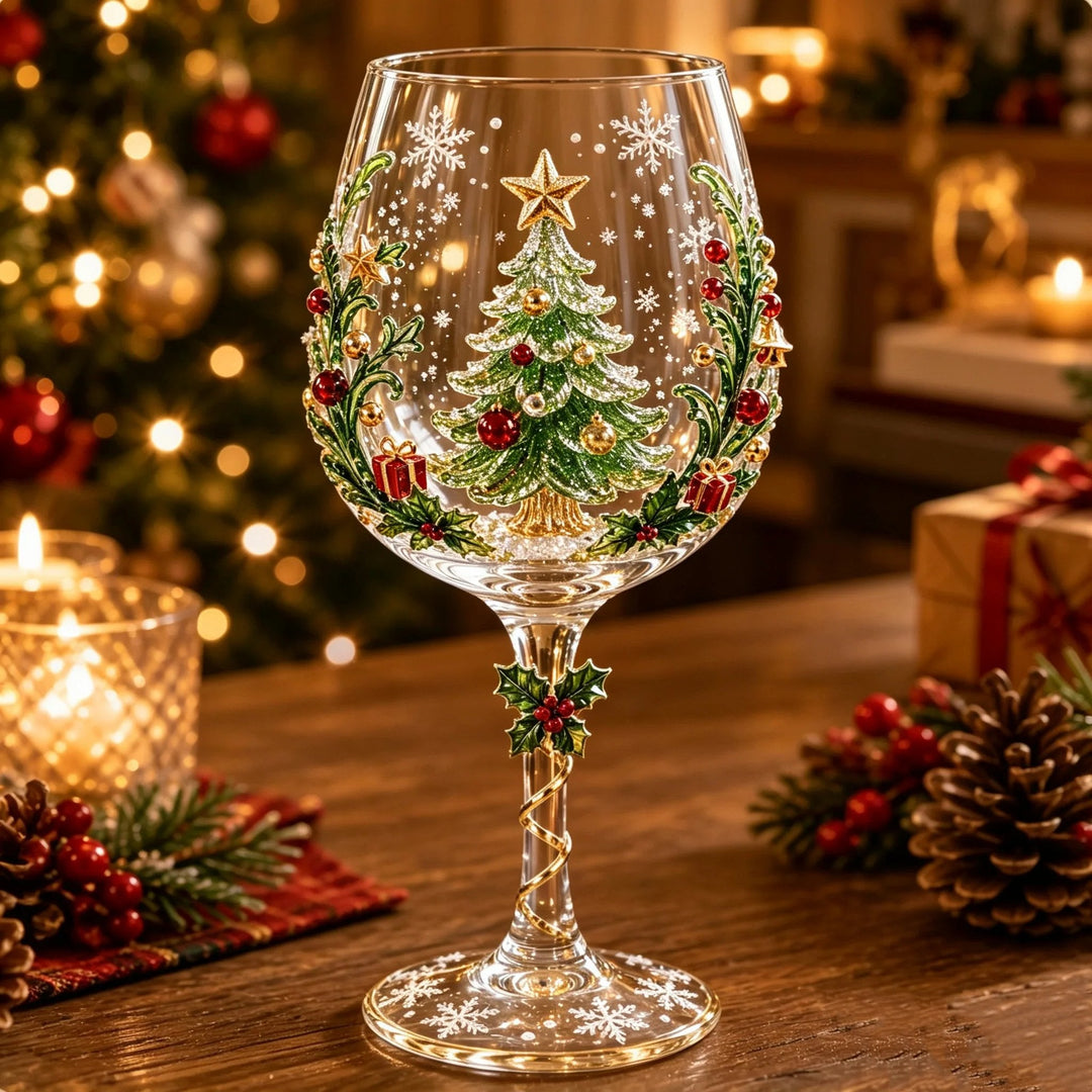 Verre à pied orné d'un sapin de Noël en relief, guirlandes de houx et petits cadeaux 4