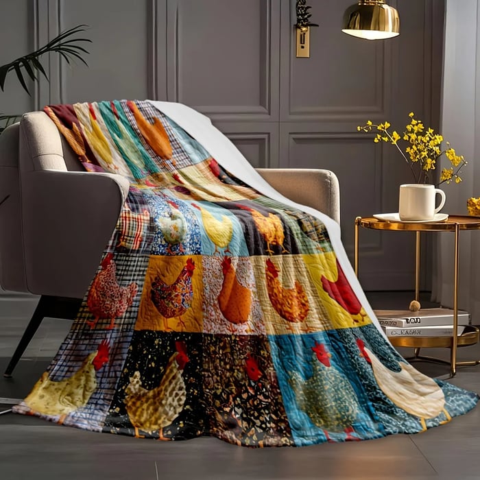 Couverture à poules multicolores drapée sur un fauteuil beige, près d'une table d'appoint dorée 15