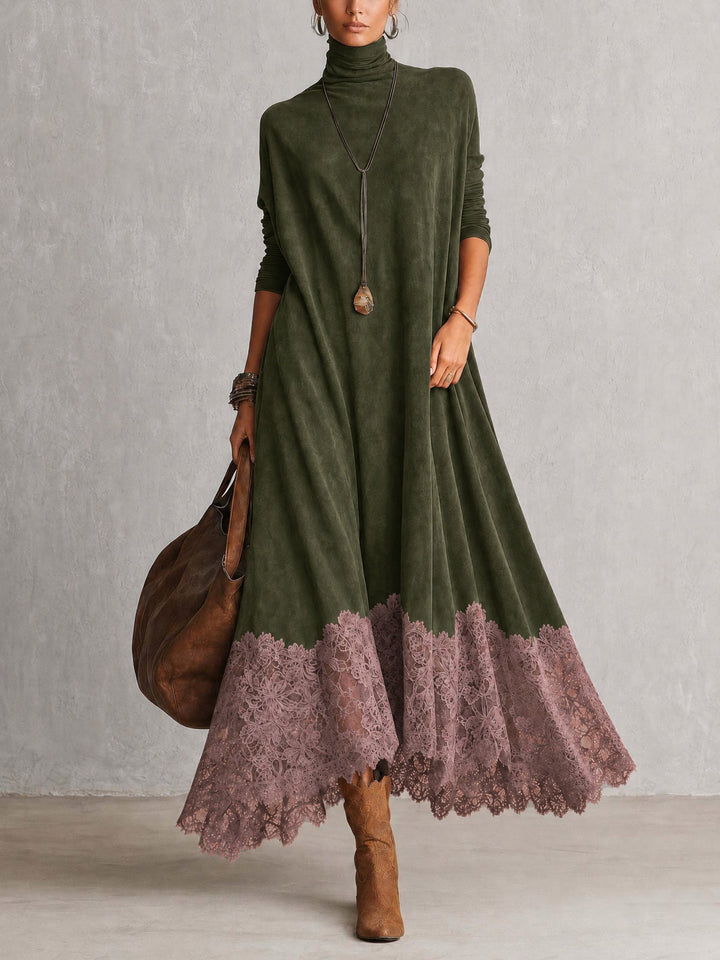 Version vert kaki de la robe avec ourlet en dentelle rose poudré, vue de face 9