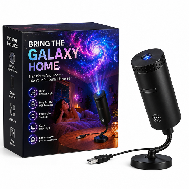 Boîte d'un projecteur de galaxie à côté du projecteur noir sur socle rond, avec son col flexible et son câble USB. 8