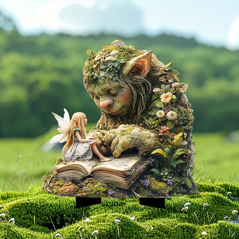 Tuteur d'un grand troll endormi couvert de fleurs et de mousse, avec une petite fée lisant sur un livre, posé sur la mousse. 2