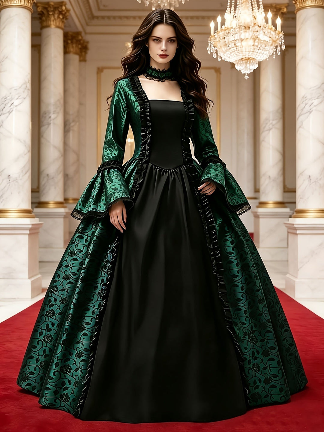 Robe verte à motif floral et corsage noir portée par une femme dans un hall de marbre avec lustre. 6