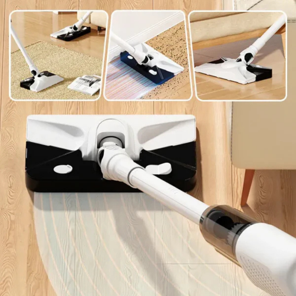 Gros plan sur la tête plate de l'aspirateur sur un parquet clair, avec trois petites vues sur tapis, parquet et sous un meuble. 2