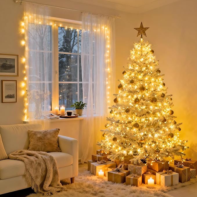 Grand sapin blanc illuminé de lumières blanc chaud, avec de fins rideaux lumineux à la fenêtre et des cadeaux au pied. 3