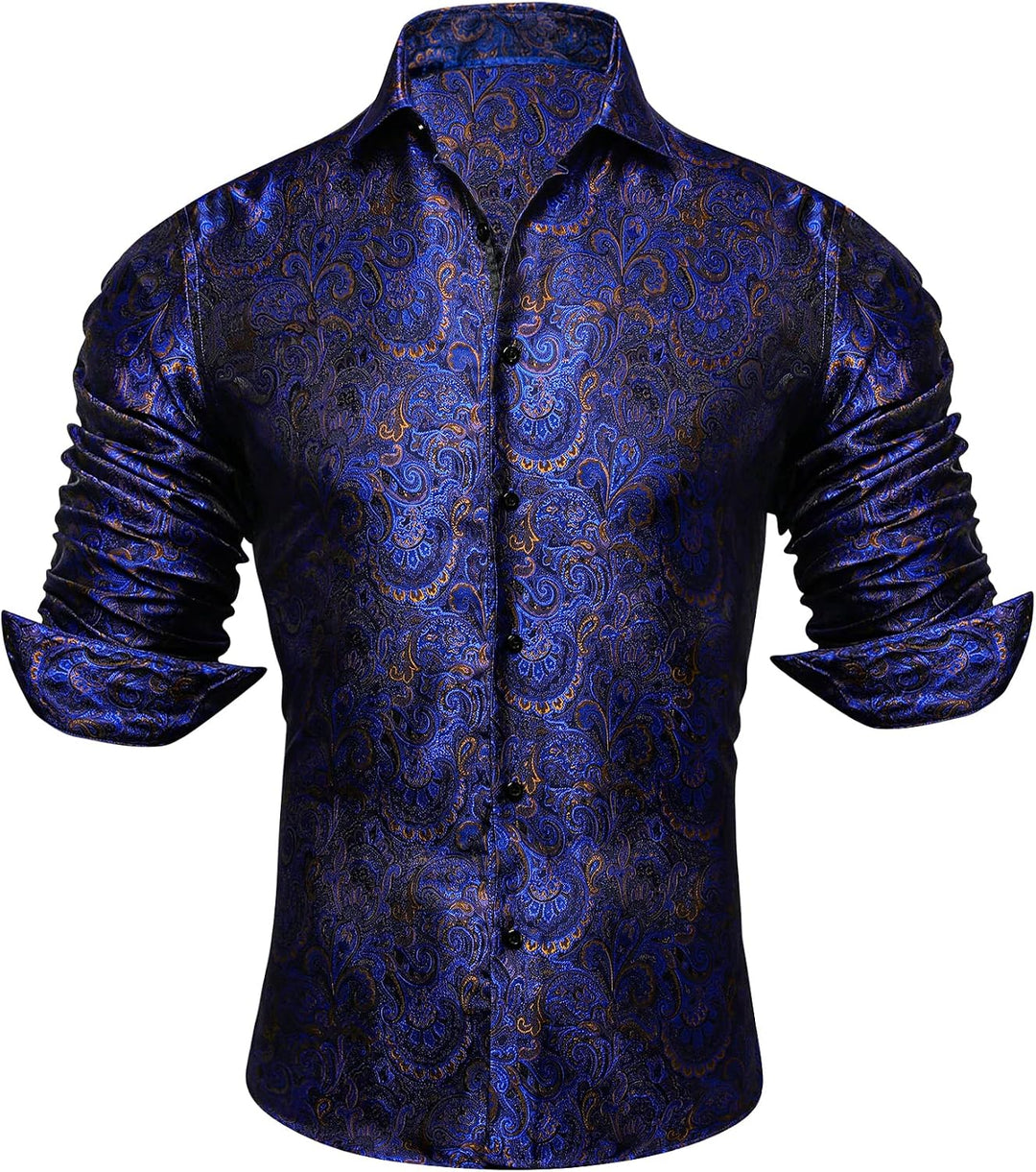Chemise jacquard bleu roi à motif cachemire doré, présentée à plat, manches repliées, sans modèle. 15