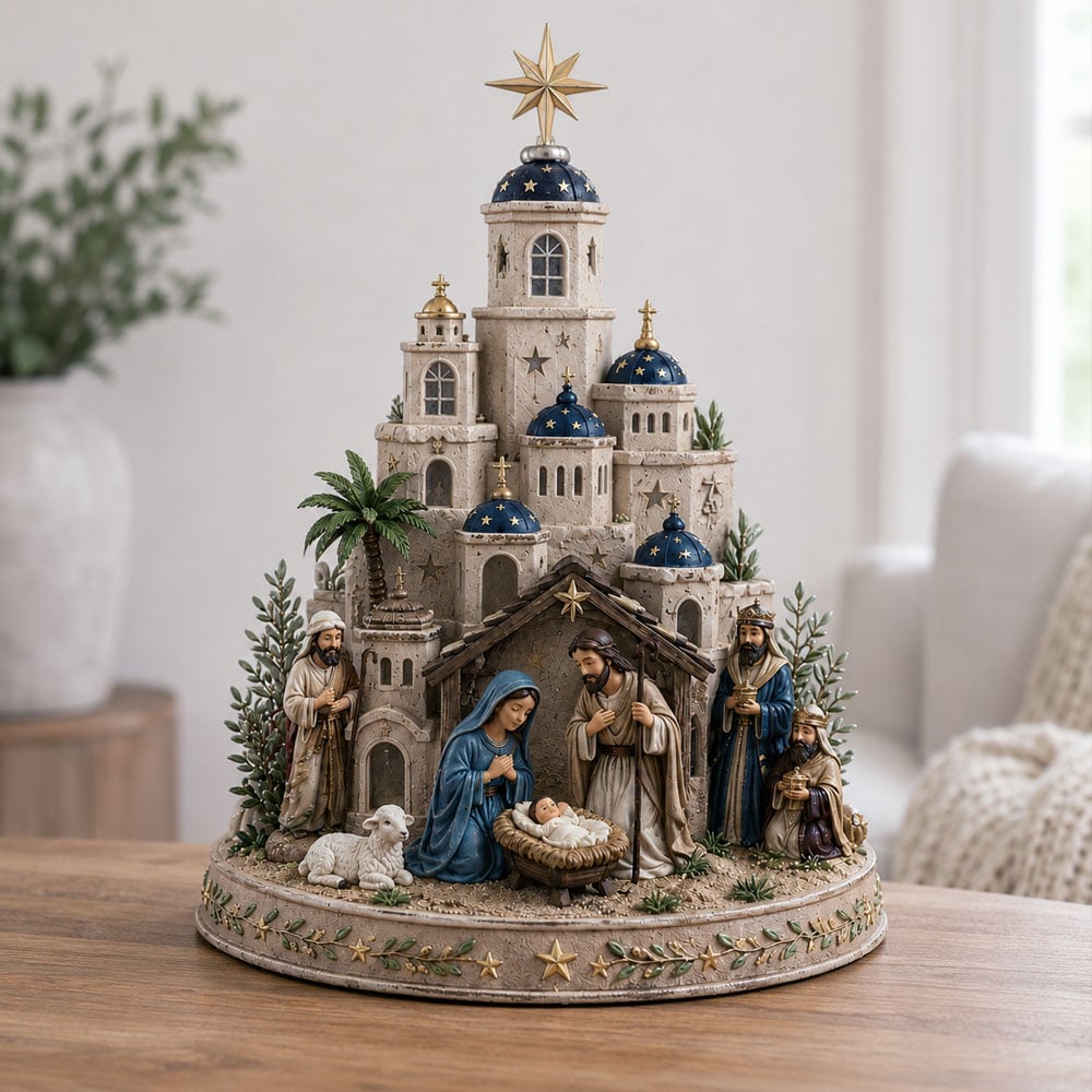 Crèche éteinte en plein jour sur une table en bois, dômes bleus et étoile dorée visibles, dans un salon clair. 4