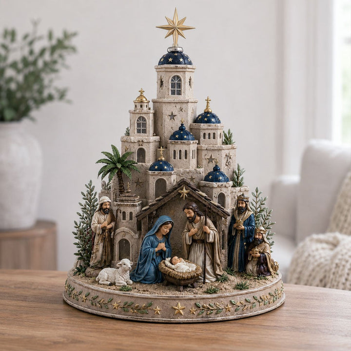 Crèche éteinte en plein jour sur une table en bois, dômes bleus et étoile dorée visibles, dans un salon clair. 4
