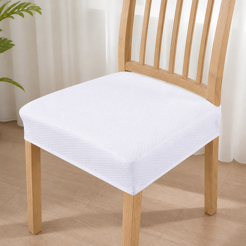 Housse d'assise blanche Ă  fin motif gaufrĂ© ajustĂ©e sur une chaise en bois clair devant un rideau voilage. 16
