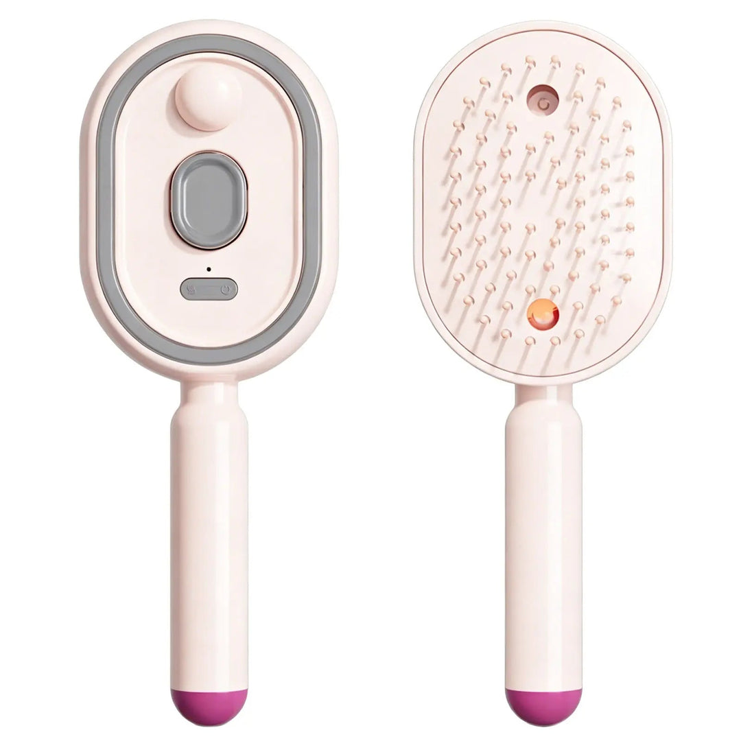 Brosse rose pâle à embout violet, vue de face avec bouton et fenêtre grise, puis de dos avec ses dents et son voyant. 15