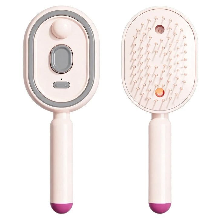 Brosse rose pâle à embout violet, vue de face avec bouton et fenêtre grise, puis de dos avec ses dents et son voyant. 15
