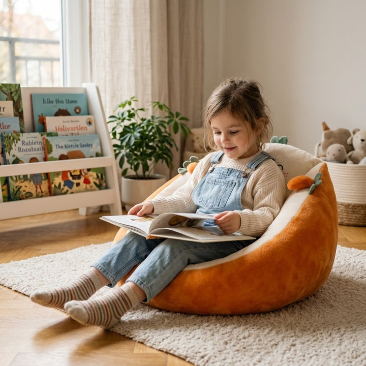 Petite fille en salopette lisant un livre, assise dans le fauteuil carotte en peluche 4