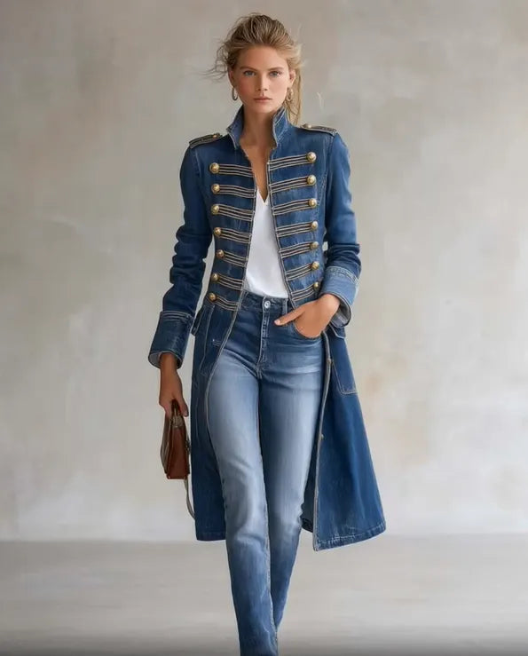Manteau en denim bleu vu de face, porté par une mannequin sur fond gris clair, avec jean et petit sac marron. 4