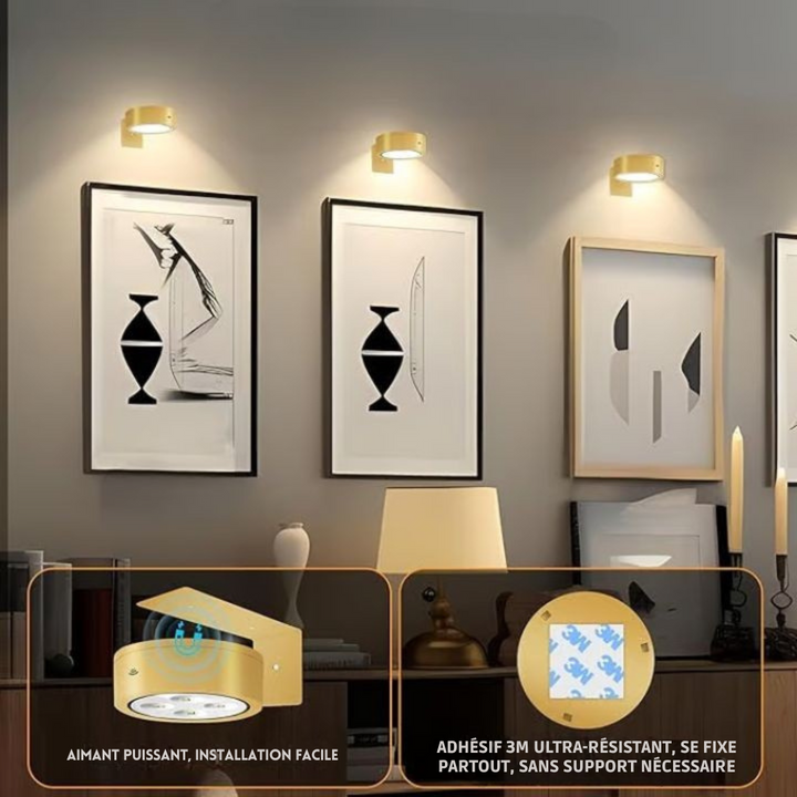 Lampes dorées au-dessus de cadres noir et blanc, avec gros plans sur l'aimant et l'adhésif 6