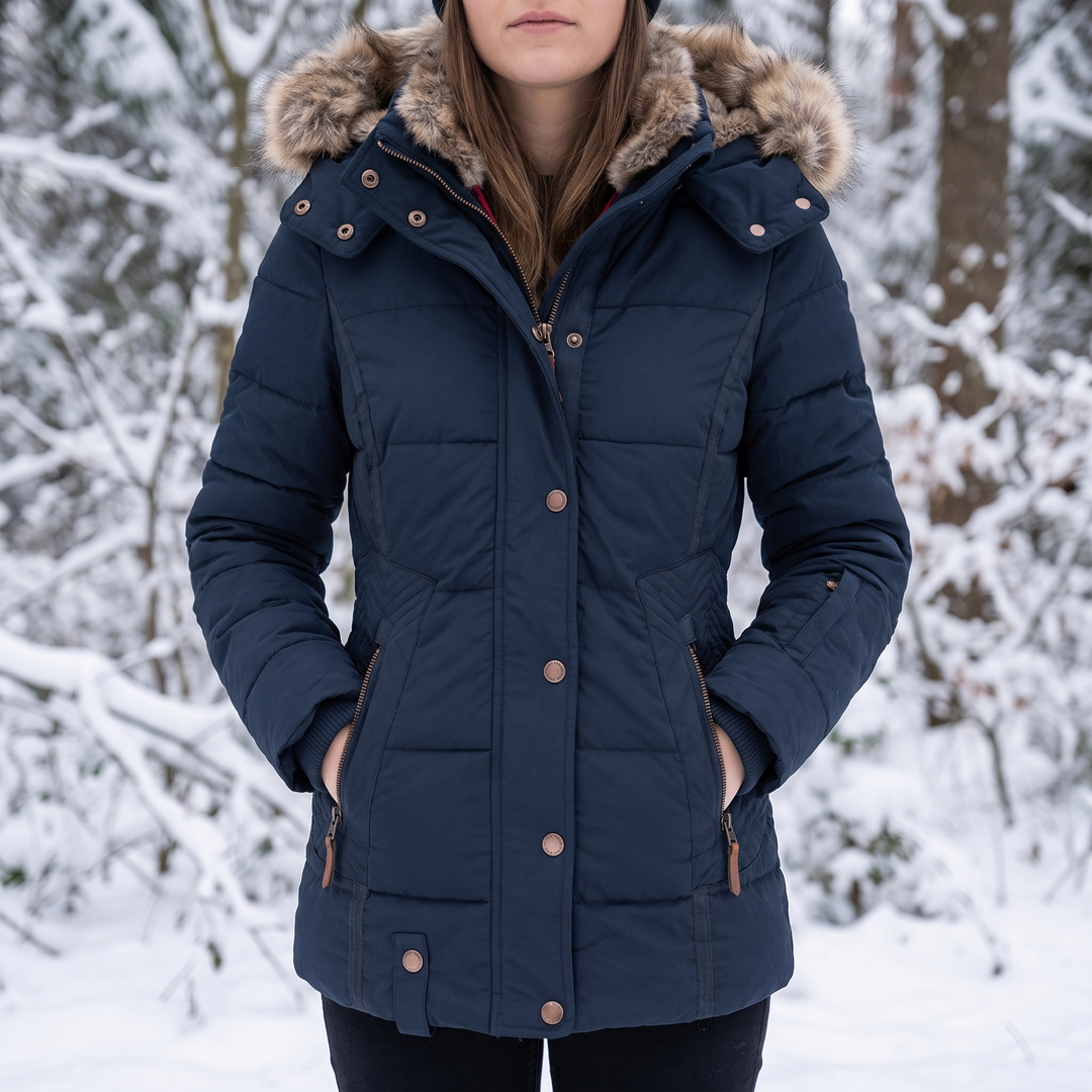 Femme portant la parka bleu marine dans une forêt enneigée, mains dans les poches zippées 1