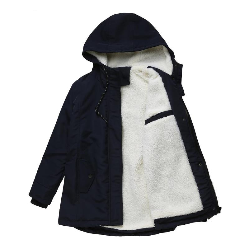 Parka bleu foncé presque noir à plat, ouverte, avec doublure polaire blanche et capuche 9