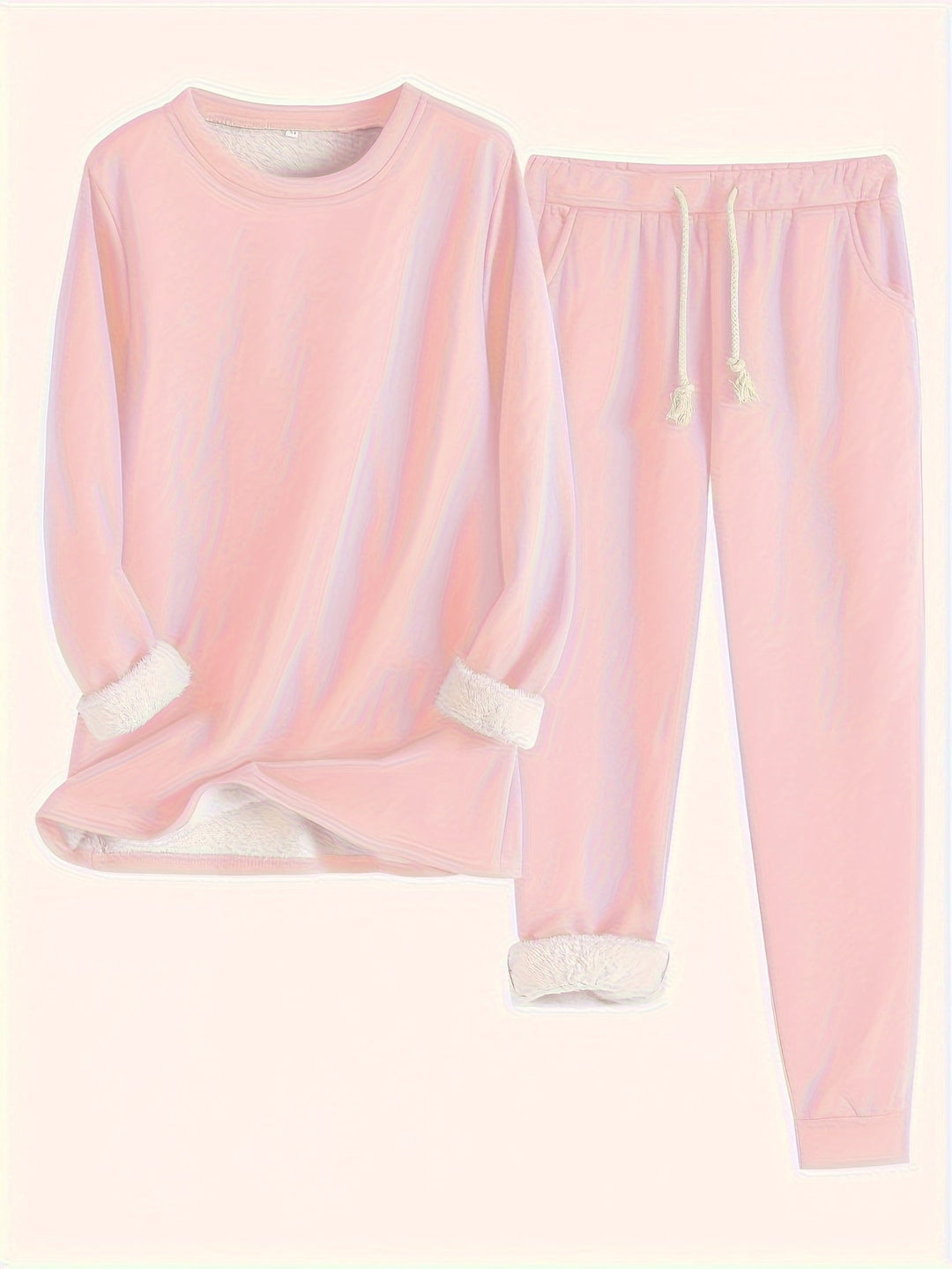 Ensemble rose pâle à col rond et pantalon à poches, doublure peluche blanche apparente 5