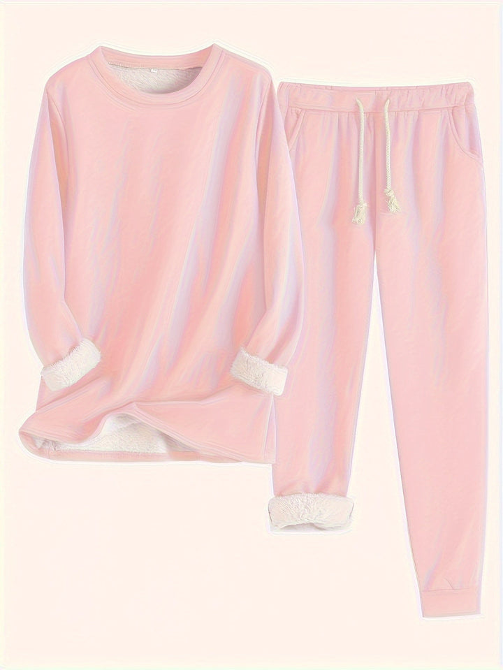 Ensemble rose pâle à col rond et pantalon à poches, doublure peluche blanche apparente 5