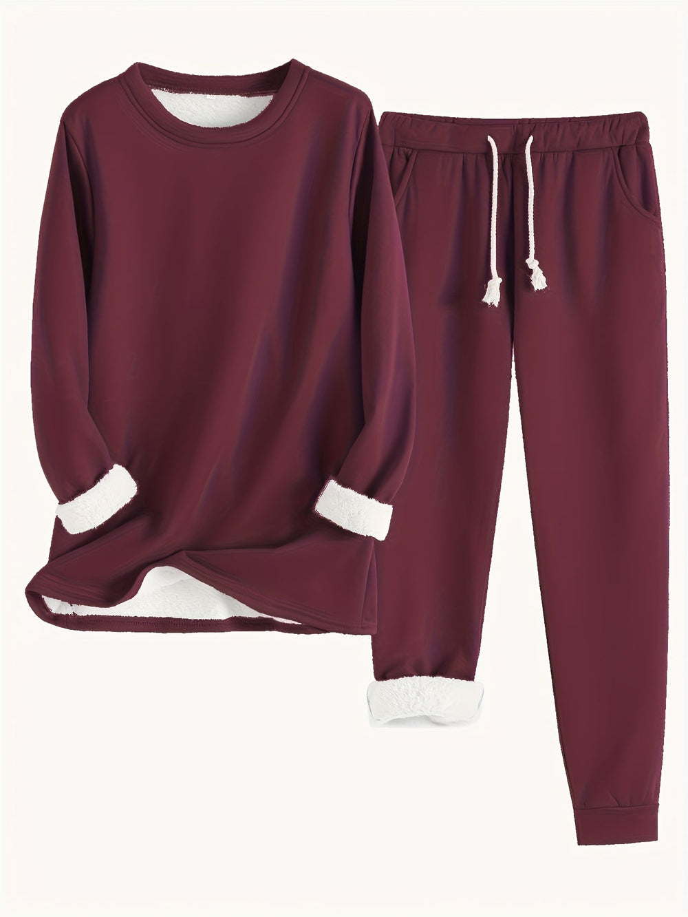 Ensemble bordeaux à col rond avec pantalon à cordon, doublure peluche blanche visible aux poignets 2