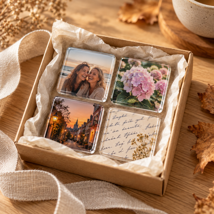 Quatre aimants carrés avec portrait, hortensias, rue au coucher du soleil et écriture, dans une boîte cadeau en carton 7