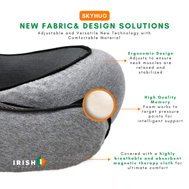 Gros plan sur le tissu gris, la doublure rayée noire et un cercle montrant la mousse à mémoire de forme. 7
