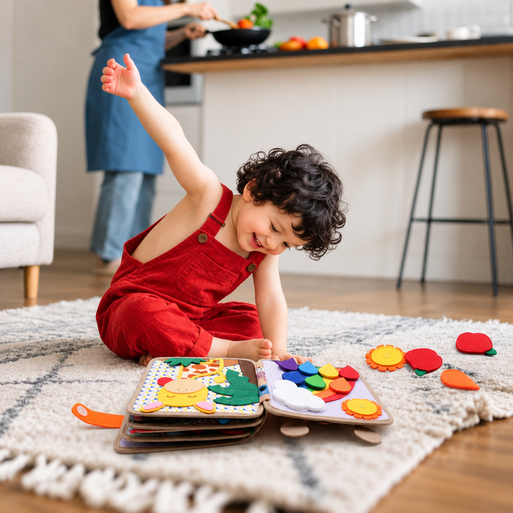 Tout-petit rieur en salopette rouge jouant sur un tapis avec le livre girafe ouvert et des pièces détachées 9