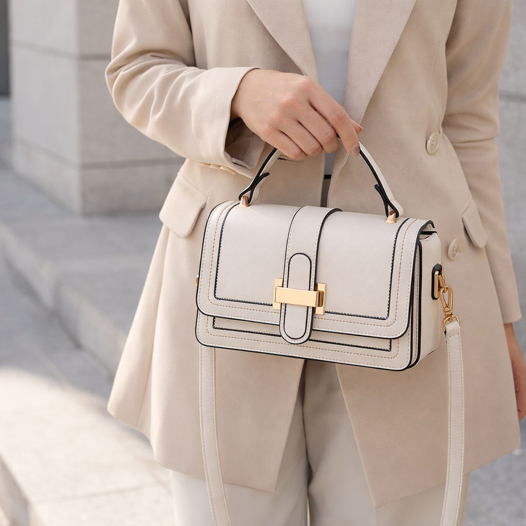 Sac crème tenu à la main par la poignée, porté avec un blazer beige et un pantalon clair. 2