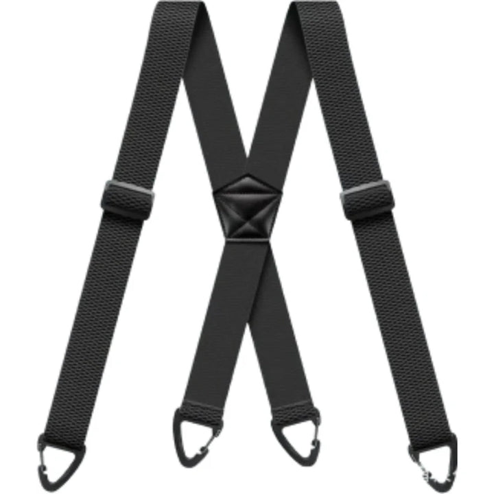 Bretelles noires en X, vues de face, avec curseurs réglables et pinces triangulaires 1