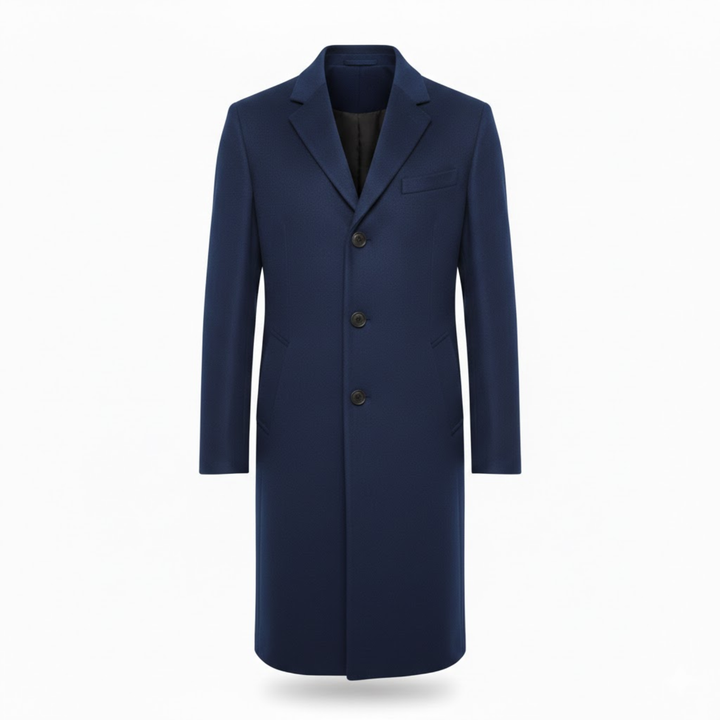 Manteau bleu marine présenté à plat sur fond blanc, vue de face, trois boutons 5