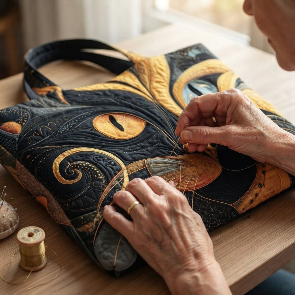 Mains d'une couturière piquant à l'aiguille le motif de chat du sac, avec bobine de fil et pelote 4