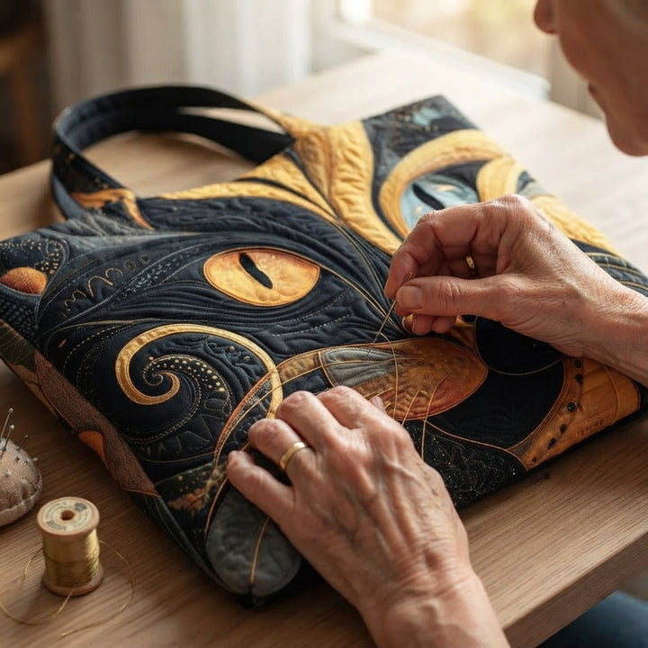 Mains d'une couturière piquant à l'aiguille le motif de chat du sac, avec bobine de fil et pelote 4