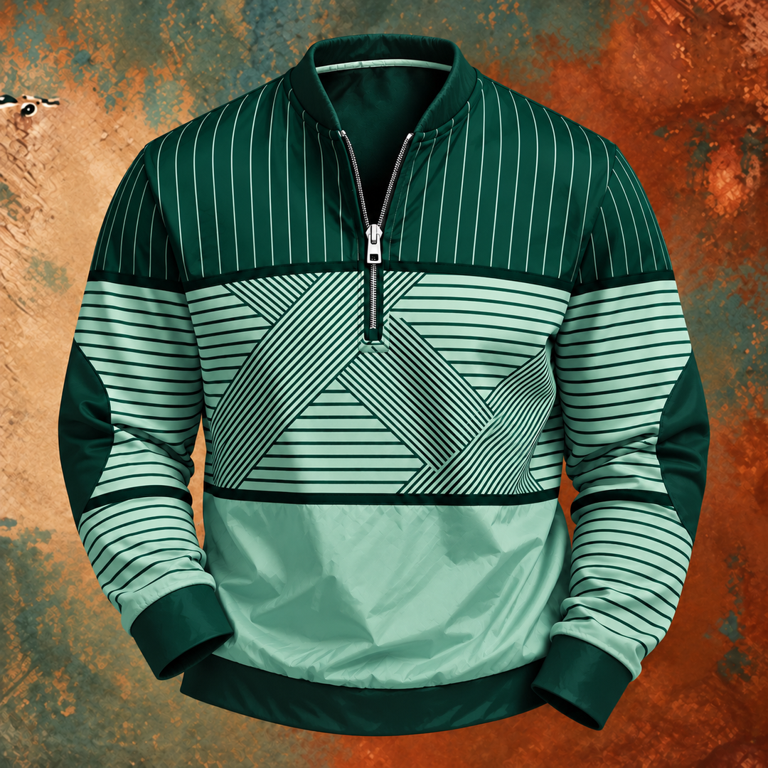 Pull à demi-zip vert foncé et vert menthe à rayures, motif géométrique sur le buste, poignets et bas côtelés vert foncé. 6