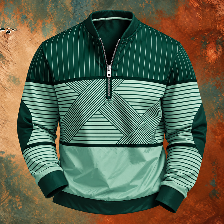 Pull à demi-zip vert foncé et vert menthe à rayures, motif géométrique sur le buste, poignets et bas côtelés vert foncé. 6