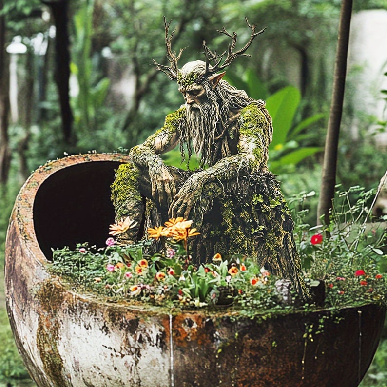 Tuteur de l'esprit des bois aux bois de cerf, assis dans une grande vasque rouillée garnie de petites fleurs orange et rouges. 7