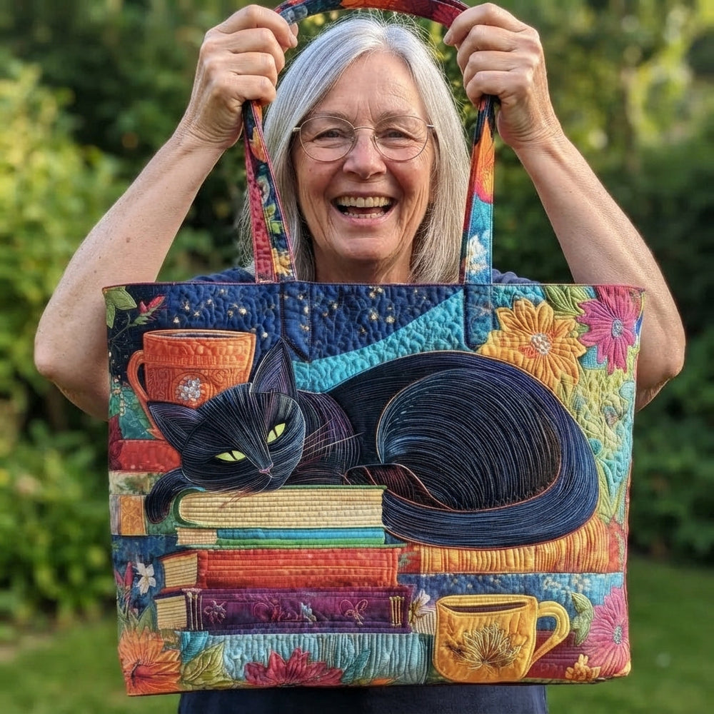 Femme aux cheveux gris et lunettes souriante, tenant le sac cabas matelassé par ses anses, motif chat noir, livres et tasses visible. 2