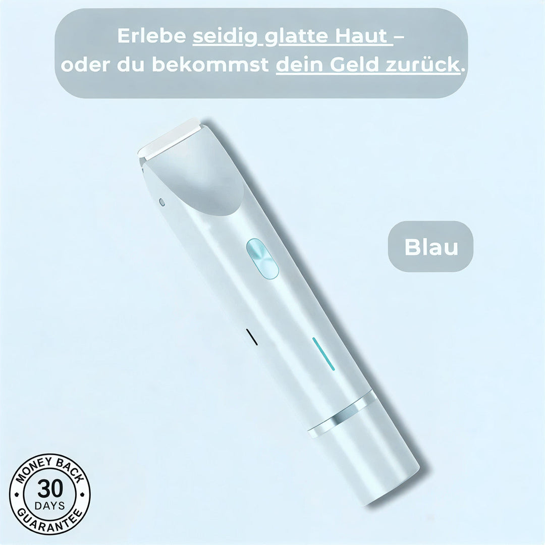 Appareil de rasage dans son coloris bleu clair, posé en diagonale sur fond bleu pâle, avec tête de tonte blanche et bouton turquoise. 2