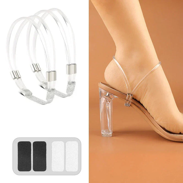 Deux sangles transparentes à embouts métalliques avec quatre pastilles adhésives, et la sangle discrète portée sur un talon haut transparent. 17