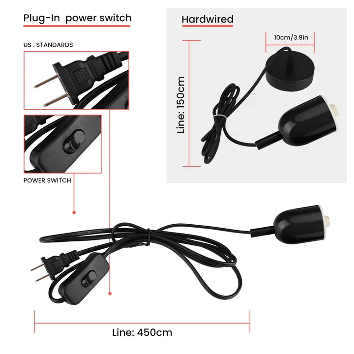 Schéma des deux modes de branchement du luminaire: cordon avec fiche et interrupteur, ou câble pour raccordement direct, avec longueurs indiquées. 5