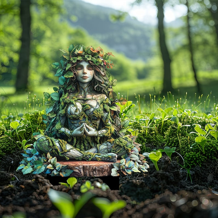 Figure de femme en méditation, jambes croisées, couronne de feuilles et vêtements de mousse, posée sur un socle en bois dans l'herbe. 21
