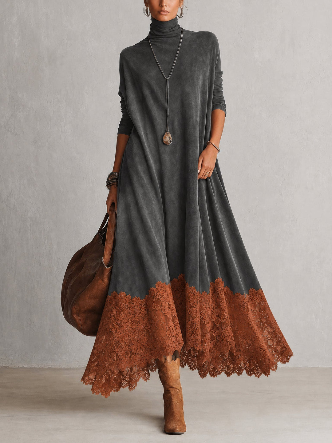 Version grise de la robe avec ourlet en dentelle rouille, vue de face 10