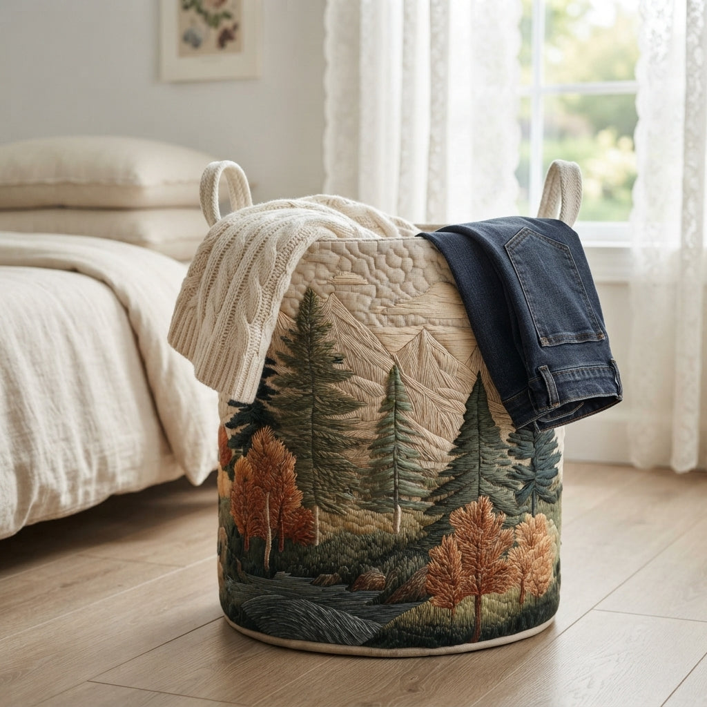 Panier forêt posé près d'un lit, débordant d'un pull torsadé crème et d'un jean plié sur le bord. 13